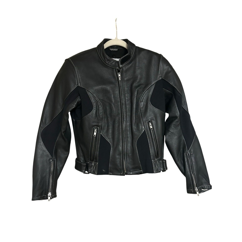 Women's Teknic Black Leather Motorcycle Jacket Size M Armored Moto Biker Riding
